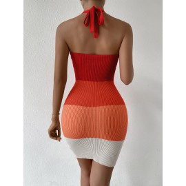 Color Block Halter Neck Backless Bodycon Sweater Dress