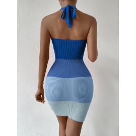 Color Block Halter Neck Backless Bodycon Sweater Dress