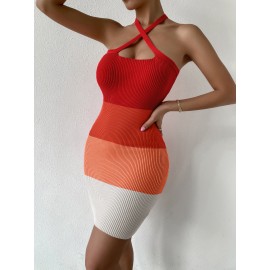 Color Block Halter Neck Backless Bodycon Sweater Dress