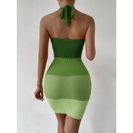 Color Block Halter Neck Backless Bodycon Sweater Dress