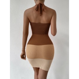 Color Block Halter Neck Backless Bodycon Sweater Dress