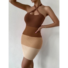 Color Block Halter Neck Backless Bodycon Sweater Dress