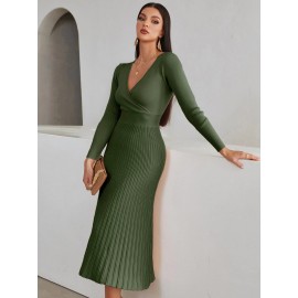 Surplice Neck Ribbed Knit Sweater Dress