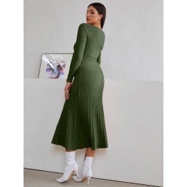 Surplice Neck Ribbed Knit Sweater Dress