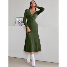 Surplice Neck Ribbed Knit Sweater Dress