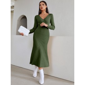 Surplice Neck Ribbed Knit Sweater Dress