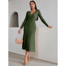 Surplice Neck Ribbed Knit Sweater Dress