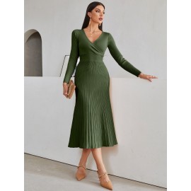 Surplice Neck Ribbed Knit Sweater Dress