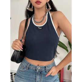 Letter Patched Contrast Binding Backless Halter Top