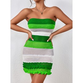 Color Block Frill Trim Pointelle Knit Tube Sweater Dress