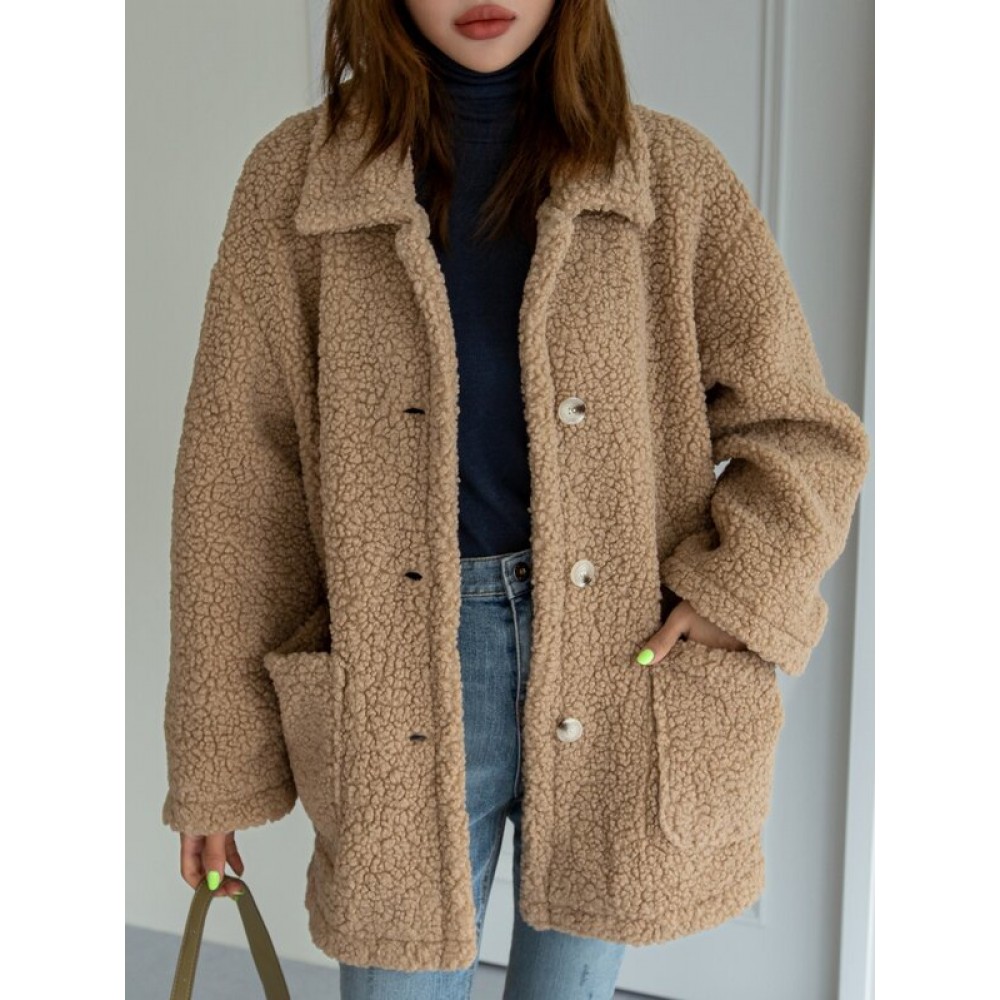 Dual Pocket Drop Shoulder Teddy Coat