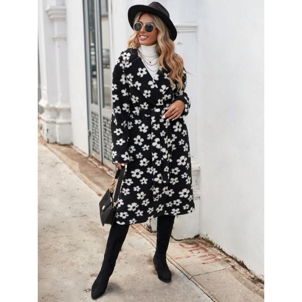 Floral Pattern Belted Teddy Coat