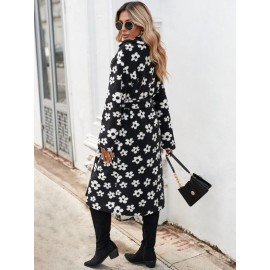 Floral Pattern Belted Teddy Coat