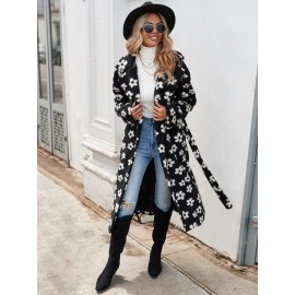 Floral Pattern Belted Teddy Coat