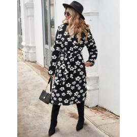 Floral Pattern Belted Teddy Coat