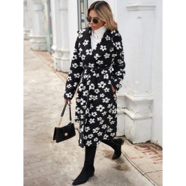 Floral Pattern Belted Teddy Coat