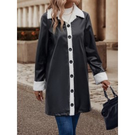 Color Block Teddy Lined PU Coat