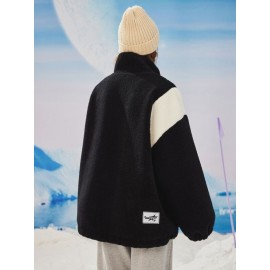 Star & Letter Embroidery Colorblock Patched Detail Teddy Coat