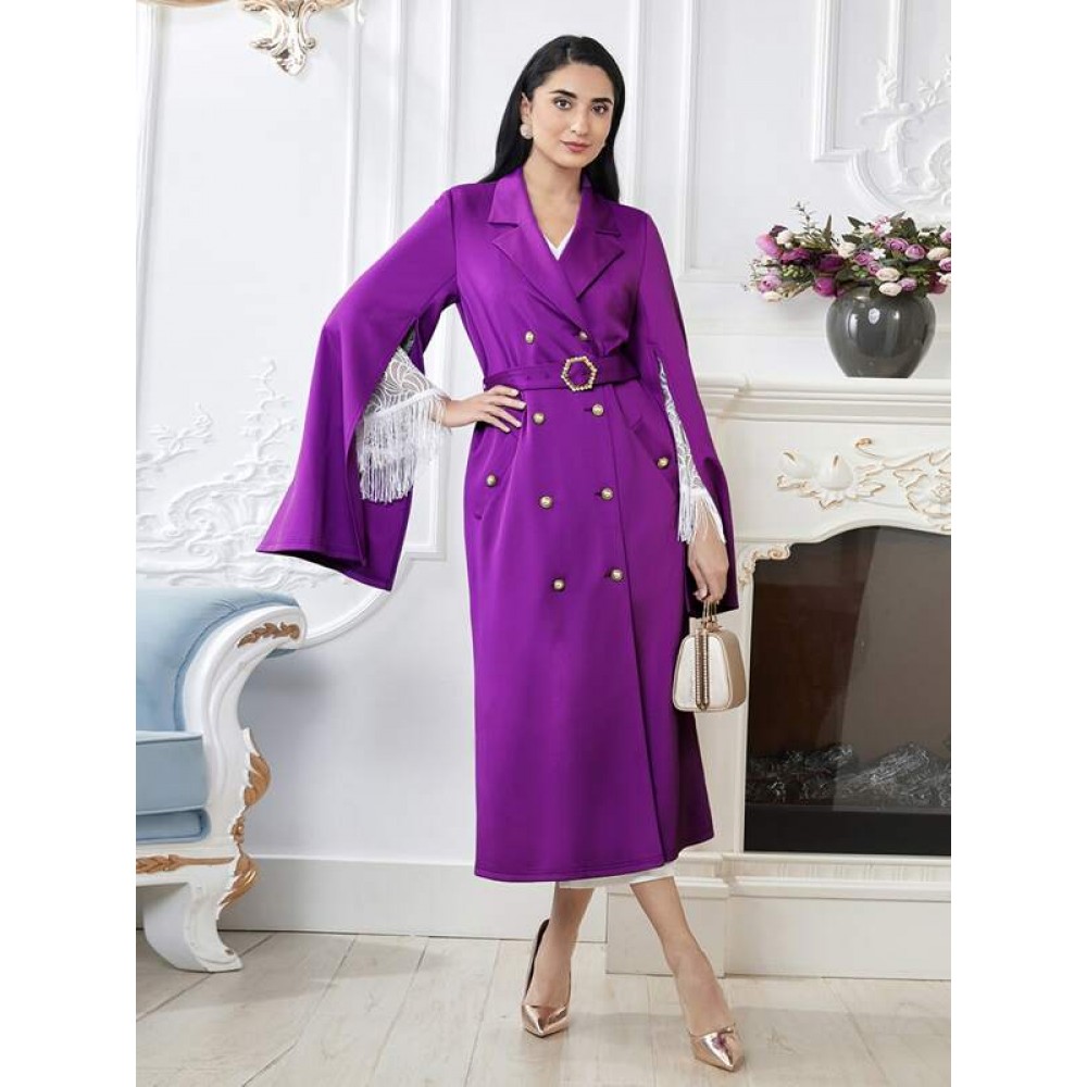 Split Sleeve Lapel Collar Belted Coat