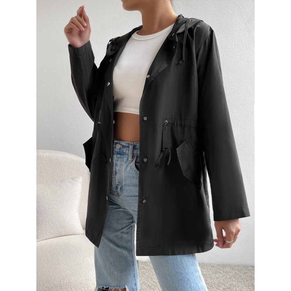 Drawstring Waist Button Front Hooded Coat