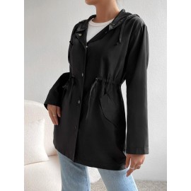 Drawstring Waist Button Front Hooded Coat