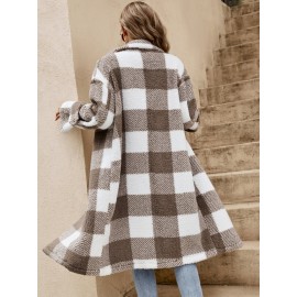 Buffalo Plaid nt Lapel Neck Double Breasted Drop Shoulder Flannel Coat