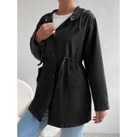 Drawstring Waist Button Front Hooded Coat