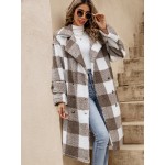 Buffalo Plaid nt Lapel Neck Double Breasted Drop Shoulder Flannel Coat