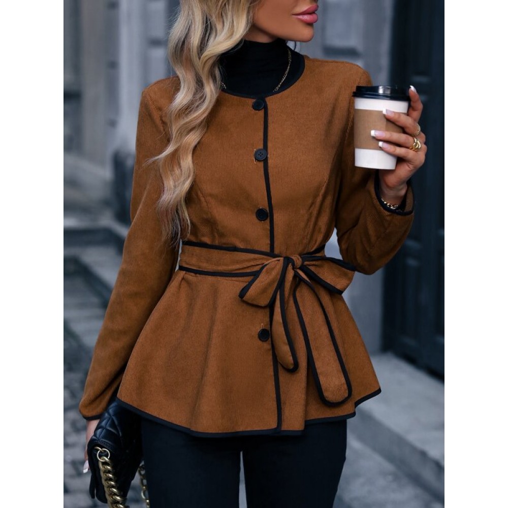 Contrast Binding Button Front Belted Coat