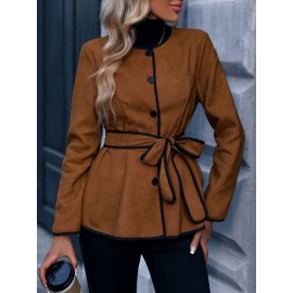 Contrast Binding Button Front Belted Coat