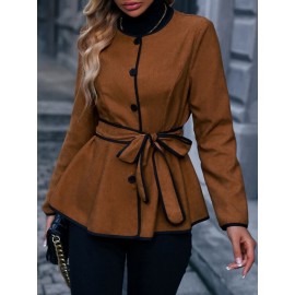 Contrast Binding Button Front Belted Coat