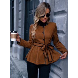 Contrast Binding Button Front Belted Coat