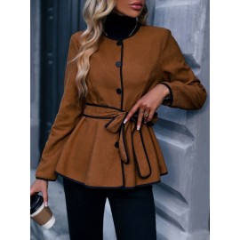 Contrast Binding Button Front Belted Coat