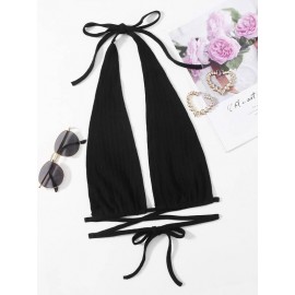 Plunging Neck Crisscross Tied Backless Halter Top