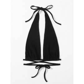 Plunging Neck Crisscross Tied Backless Halter Top