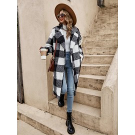 Frenchy Buffalo Plaid nt Drop Shoulder Teddy Coat