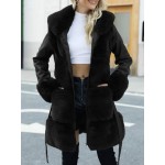 Dual Pocket Belted Fuzzy Collar Belted PU Leather Coat