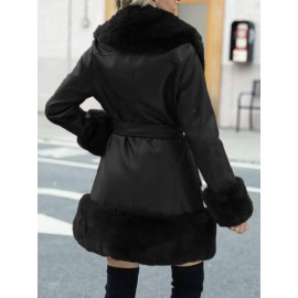 Dual Pocket Belted Fuzzy Collar Belted PU Leather Coat