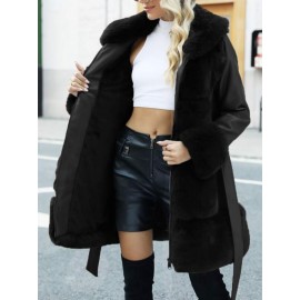 Dual Pocket Belted Fuzzy Collar Belted PU Leather Coat