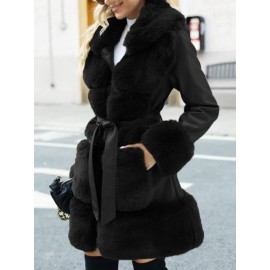 Dual Pocket Belted Fuzzy Collar Belted PU Leather Coat