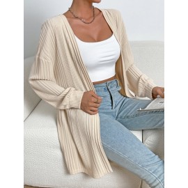 Drop Shoulder Open Front Ribbed Knit Coat